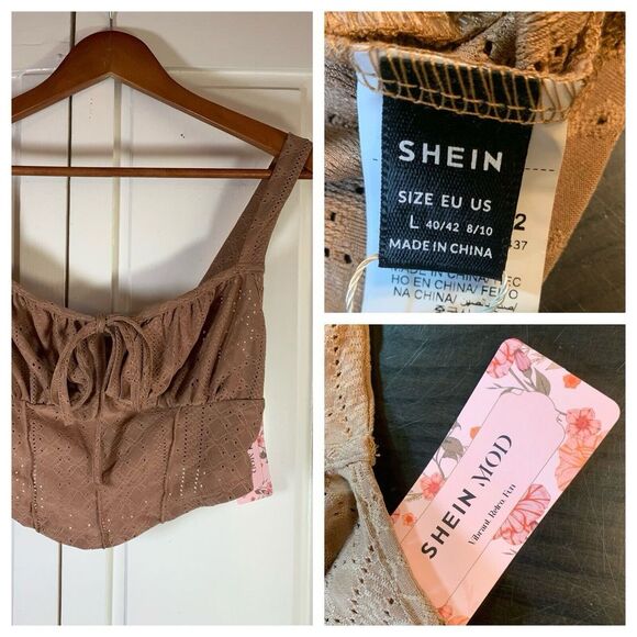 Coquette Babydoll Retro Eyelet‎ Crop Top Large Brown Sexy Keyhole Tie Fun Shein - Picture 1 of 16